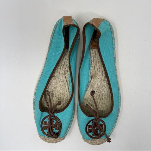 Tory Burch Logo Canvas Espadrilles Turquoise Women’s Size 8 - Picture 1 of 9